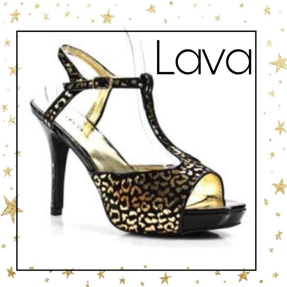 Lava Black Gold Animal Print Heels Sandals 9.5